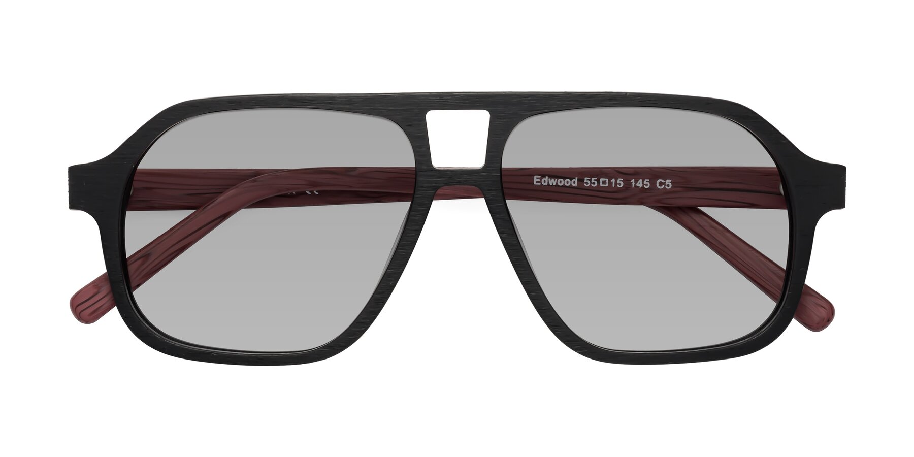 Folded Front of Edwood in Black-Burgundy Woodgrain with Light Gray Tinted Lenses