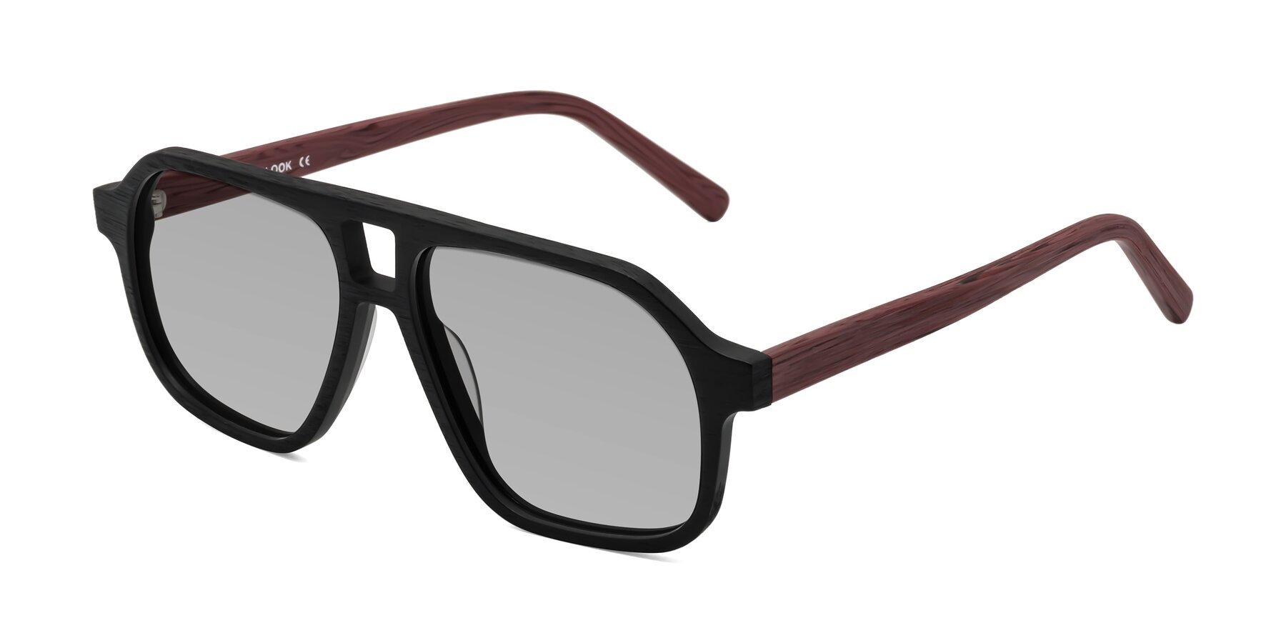 Angle of Edwood in Black-Burgundy Woodgrain with Light Gray Tinted Lenses