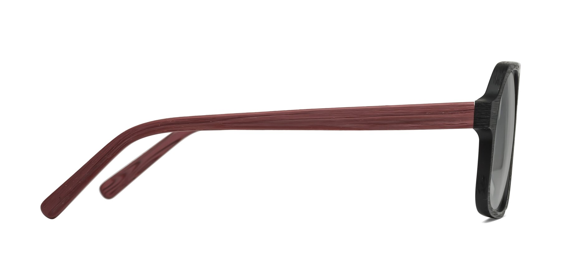 Side of Edwood in Black-Burgundy Woodgrain with Light Gray Tinted Lenses