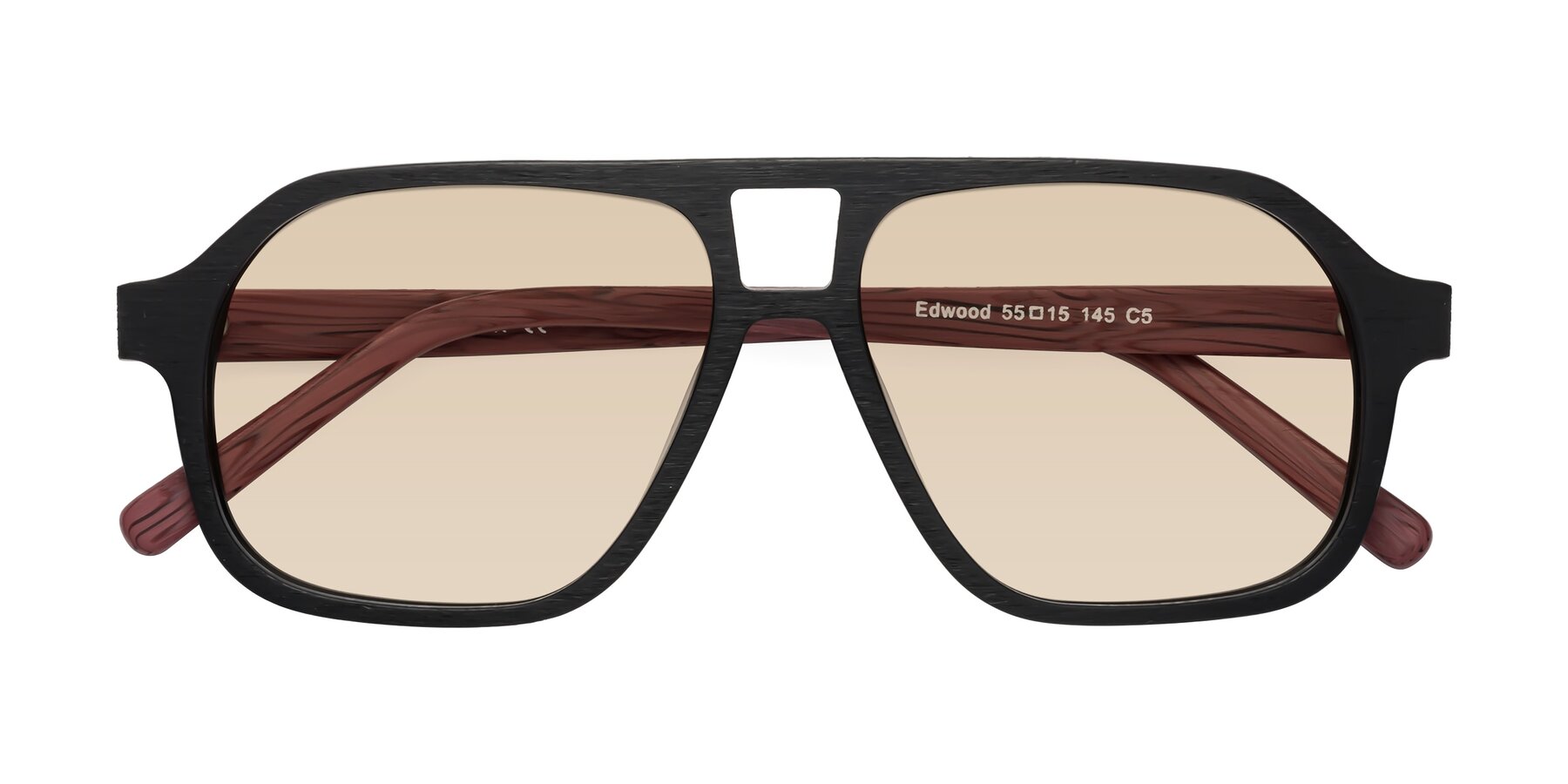 Folded Front of Edwood in Black-Burgundy Woodgrain with Light Brown Tinted Lenses