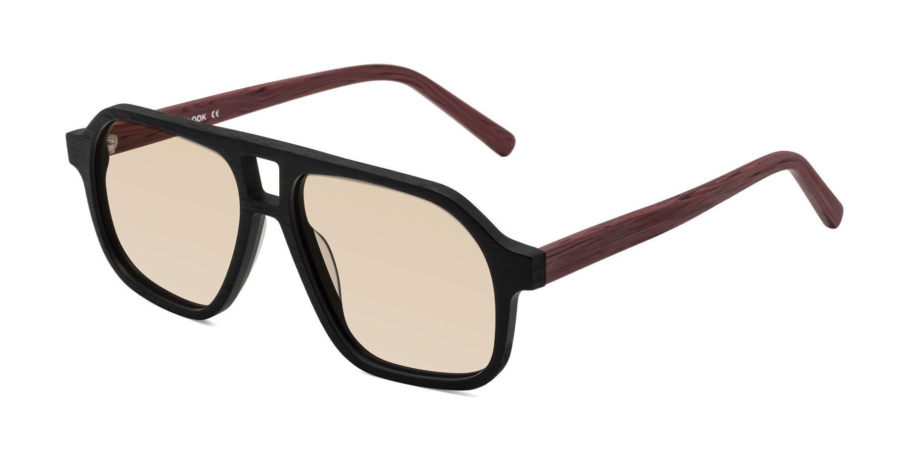 Angle of Edwood in Black-Burgundy Woodgrain with Light Brown Tinted Lenses