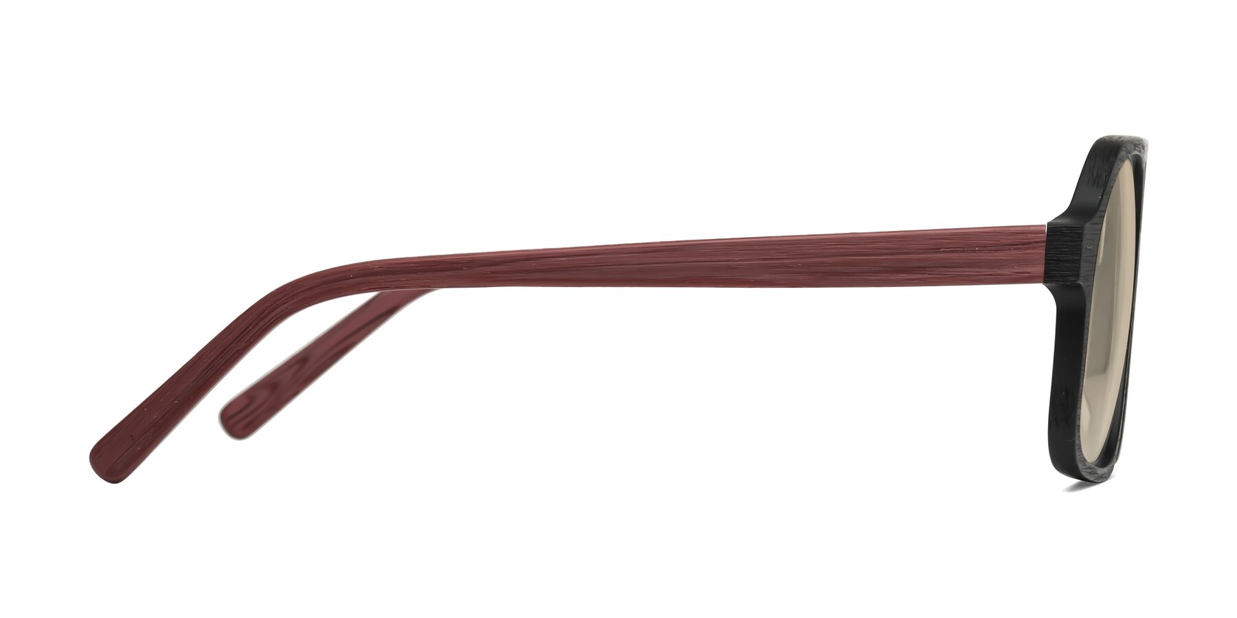 Side of Edwood in Black-Burgundy Woodgrain with Light Brown Tinted Lenses