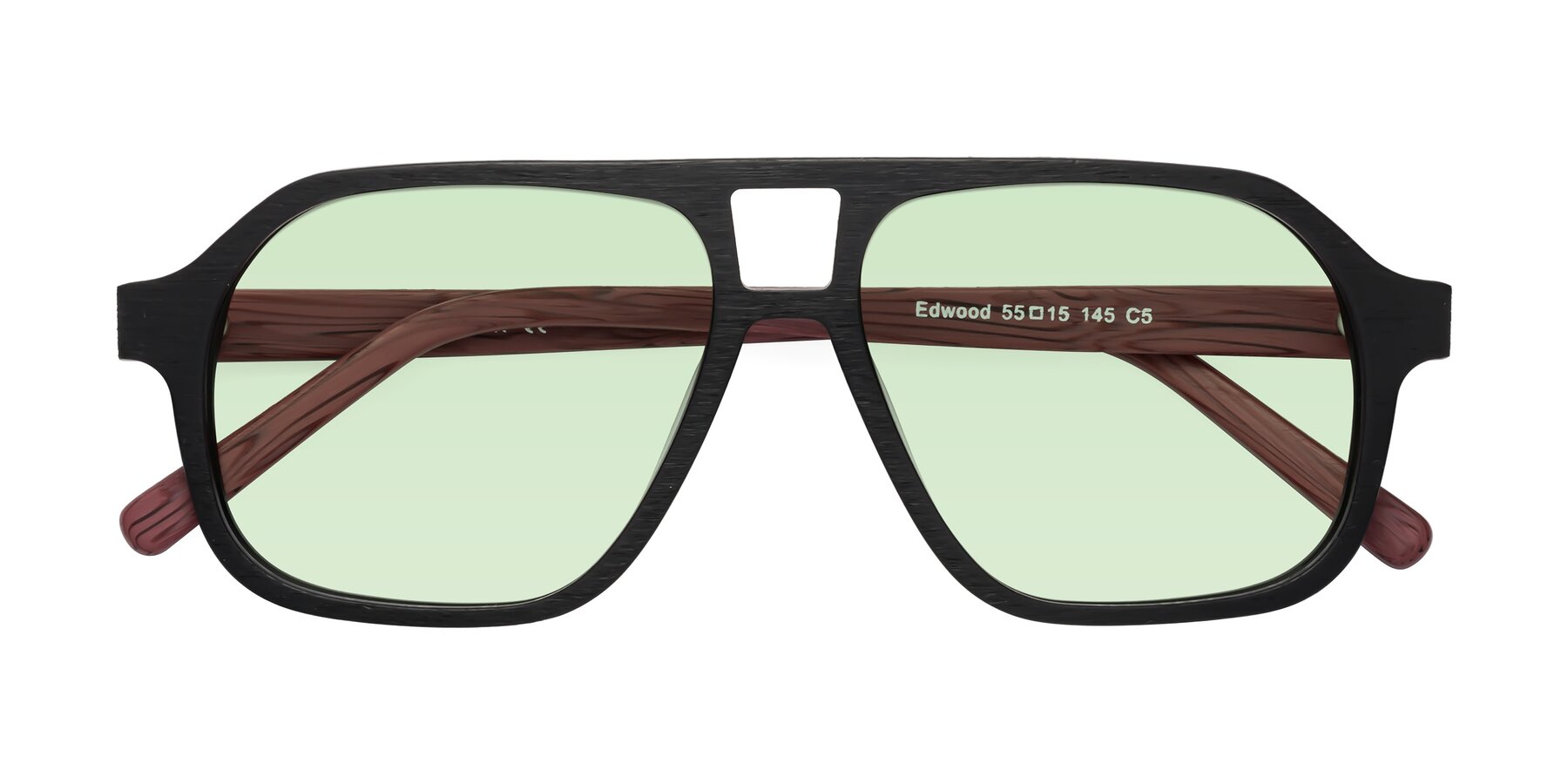 Folded Front of Edwood in Black-Burgundy Woodgrain with Light Green Tinted Lenses