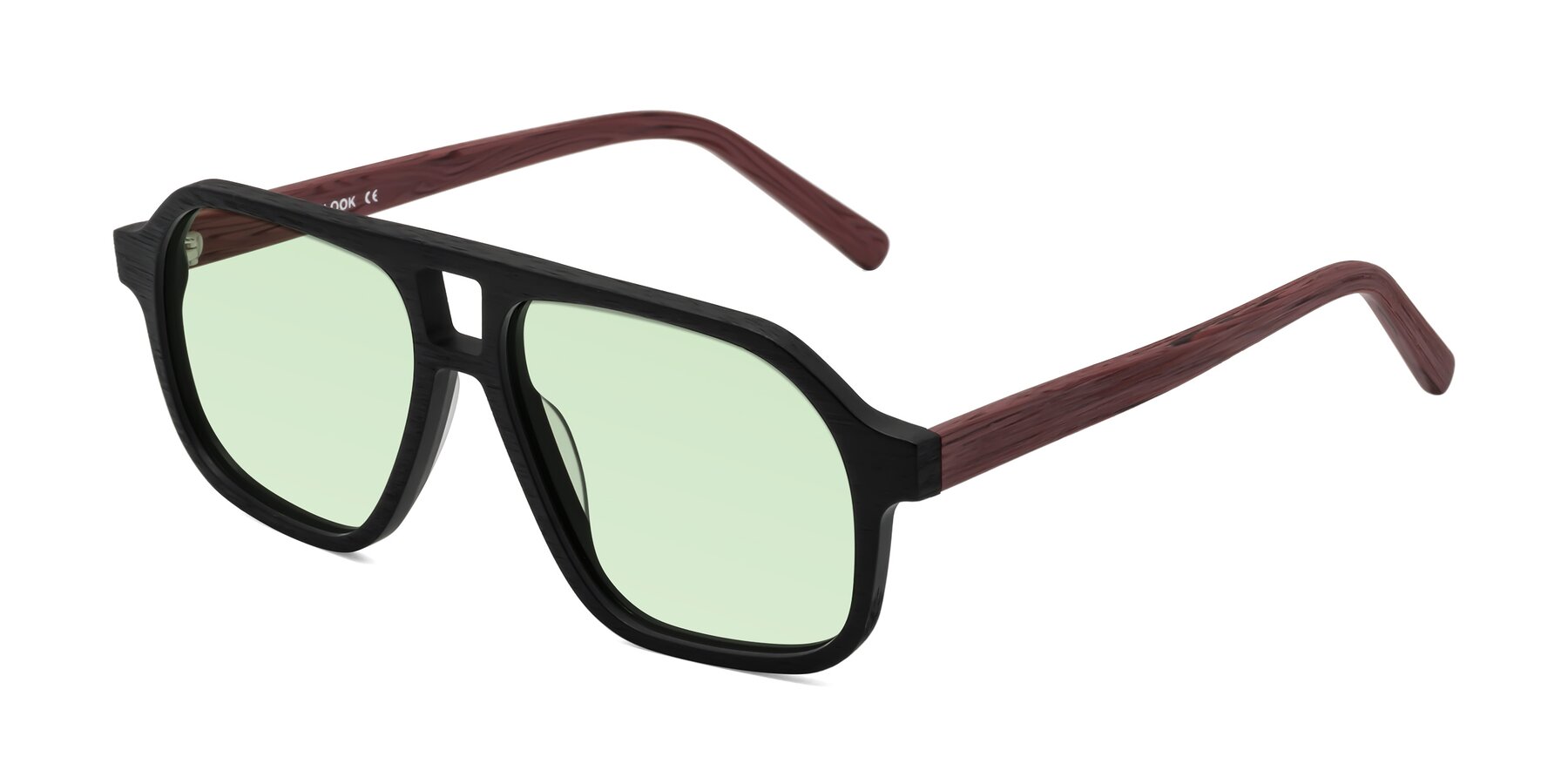 Angle of Edwood in Black-Burgundy Woodgrain with Light Green Tinted Lenses