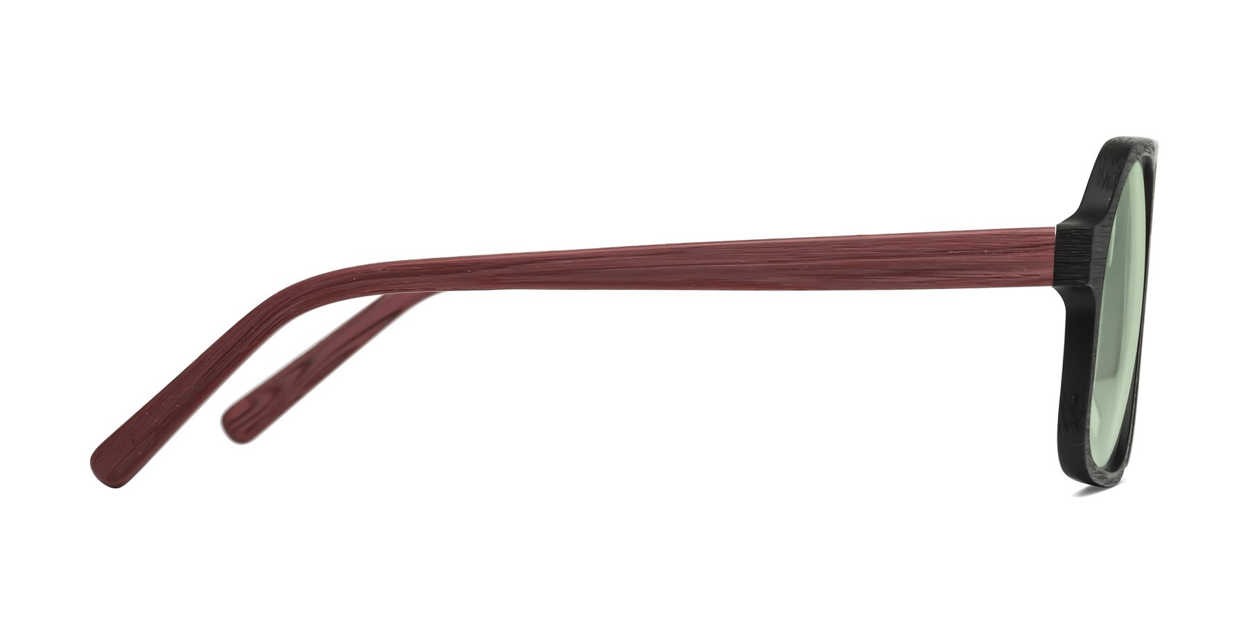 Side of Edwood in Black-Burgundy Woodgrain with Light Green Tinted Lenses