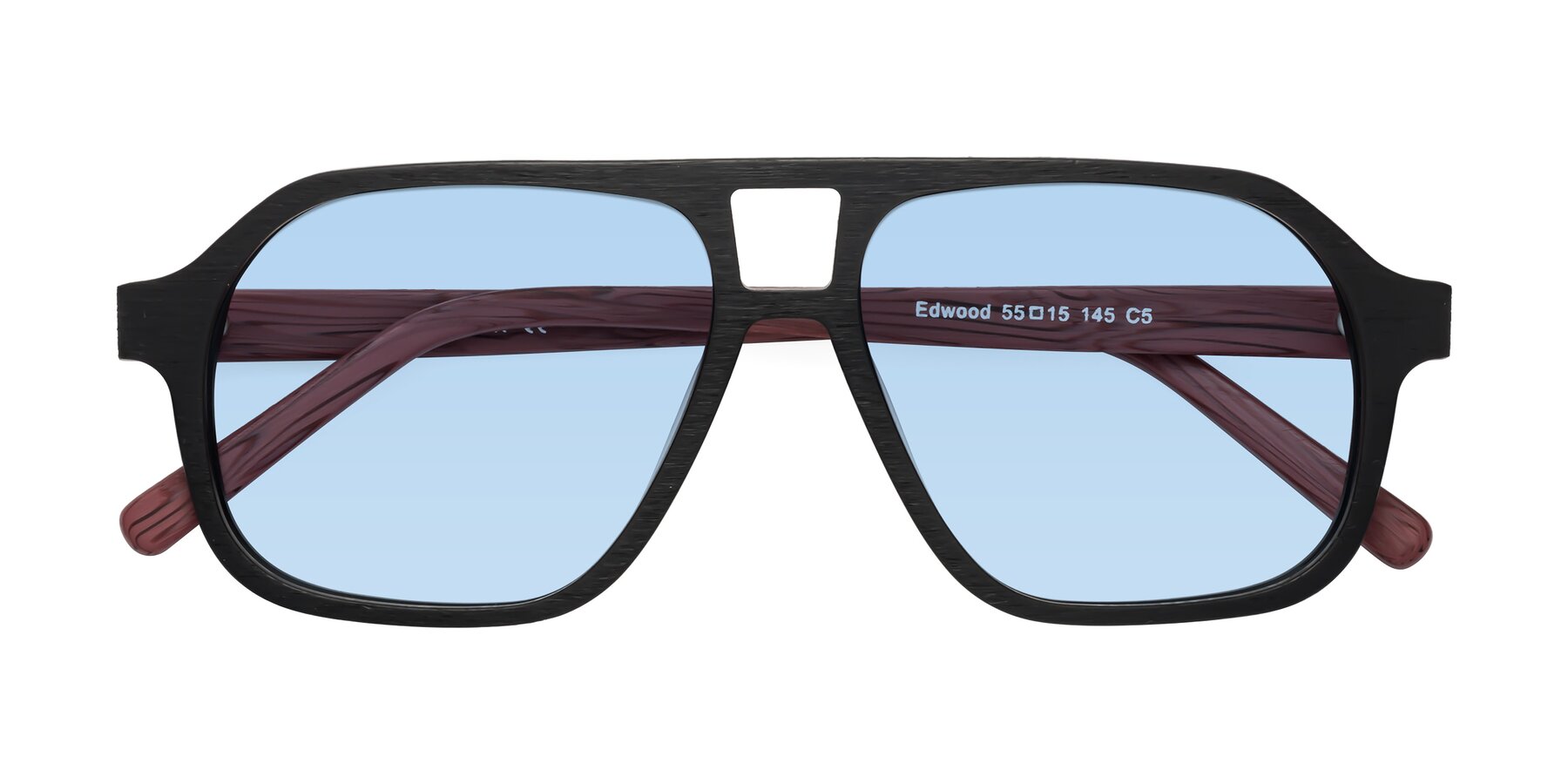 Folded Front of Edwood in Black-Burgundy Woodgrain with Light Blue Tinted Lenses