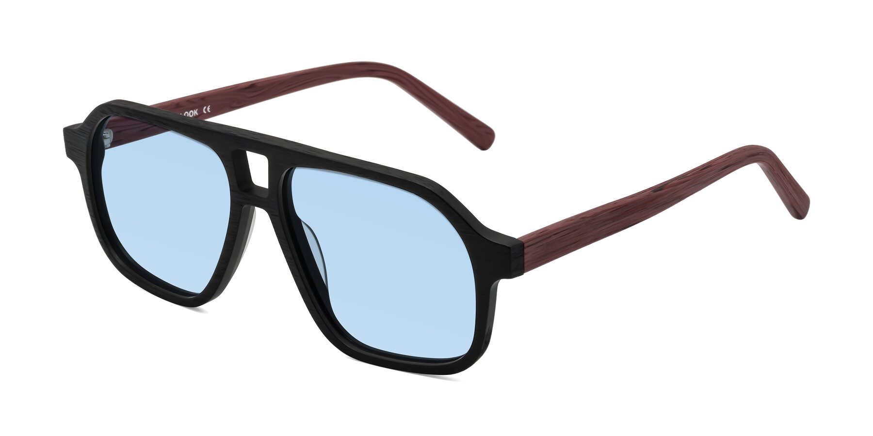 Angle of Edwood in Black-Burgundy Woodgrain with Light Blue Tinted Lenses