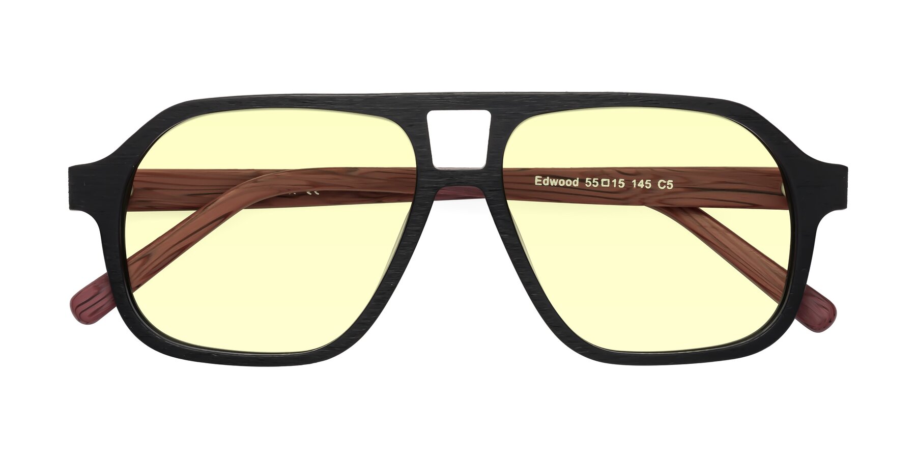 Folded Front of Edwood in Black-Burgundy Woodgrain with Light Yellow Tinted Lenses