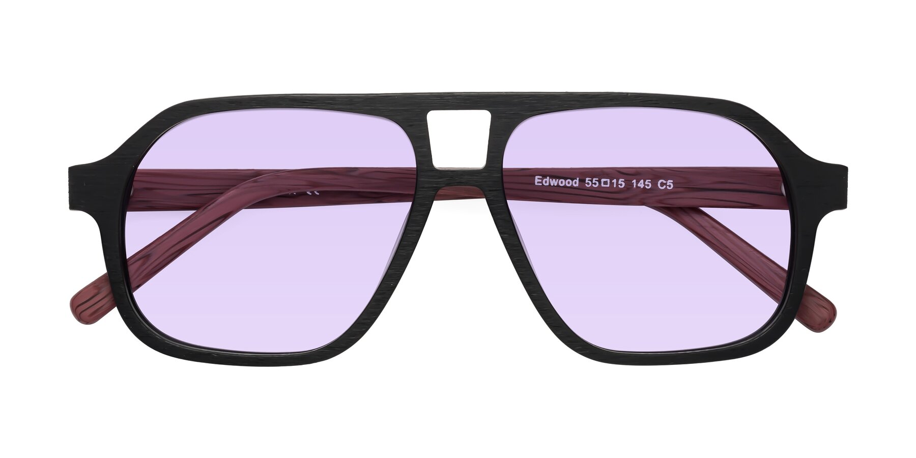 Folded Front of Edwood in Black-Burgundy Woodgrain with Light Purple Tinted Lenses