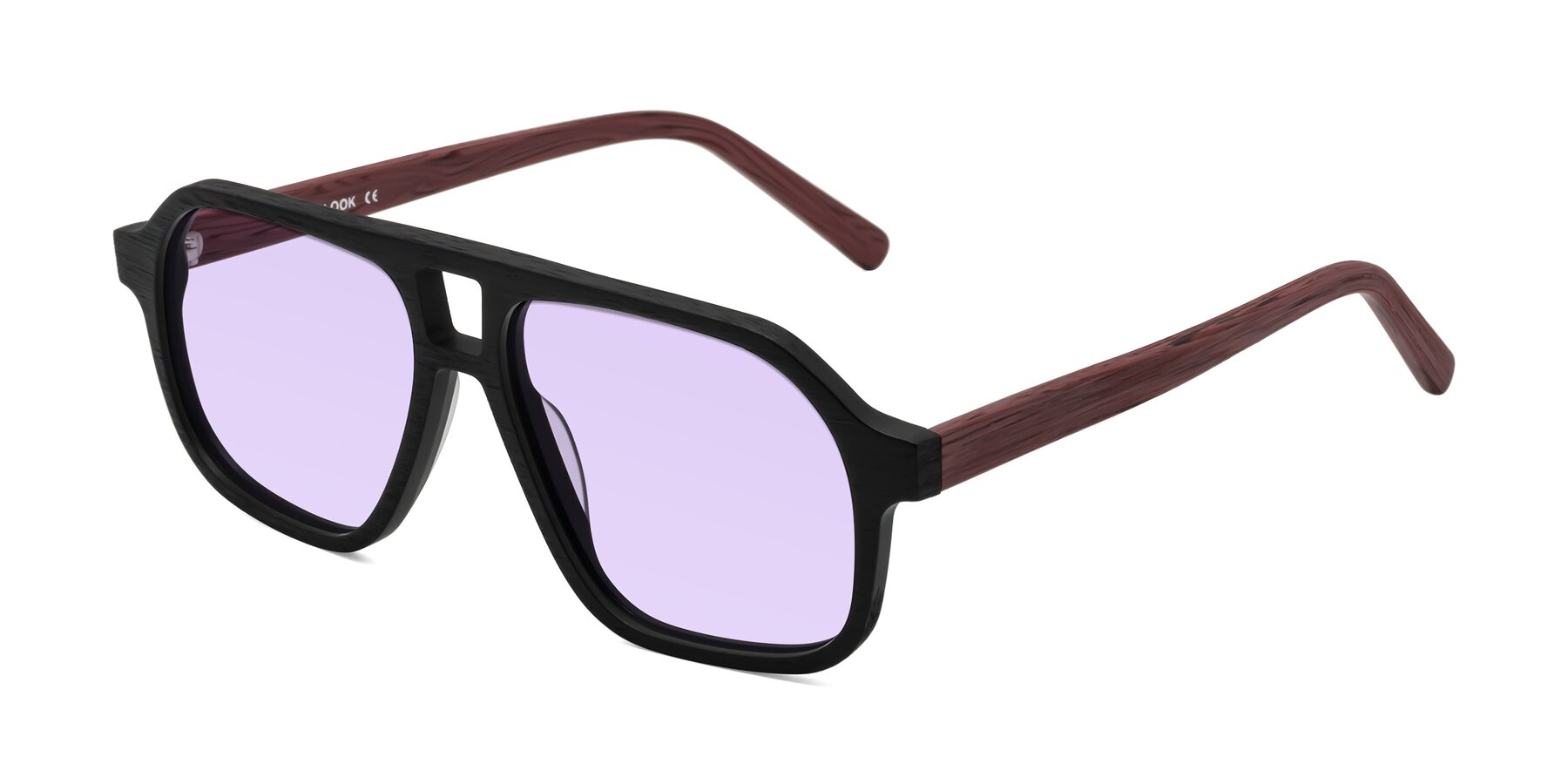 Angle of Edwood in Black-Burgundy Woodgrain with Light Purple Tinted Lenses