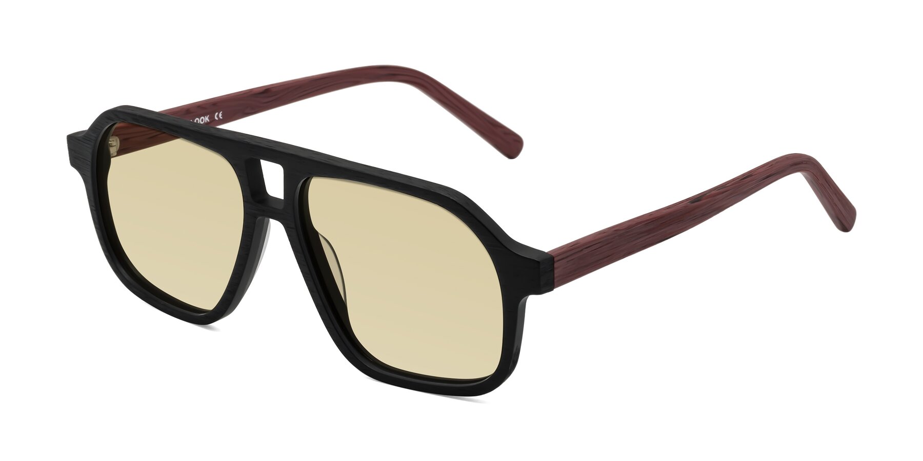 Angle of Edwood in Black-Burgundy Woodgrain with Light Champagne Tinted Lenses