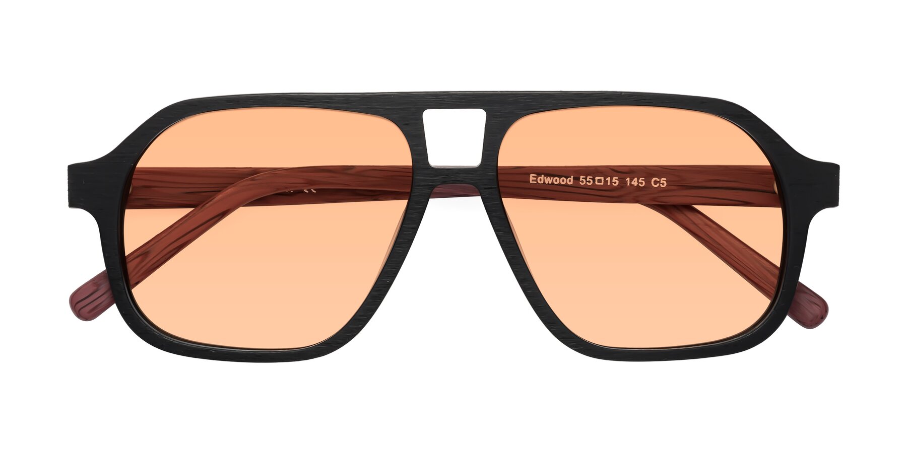 Folded Front of Edwood in Black-Burgundy Woodgrain with Light Orange Tinted Lenses