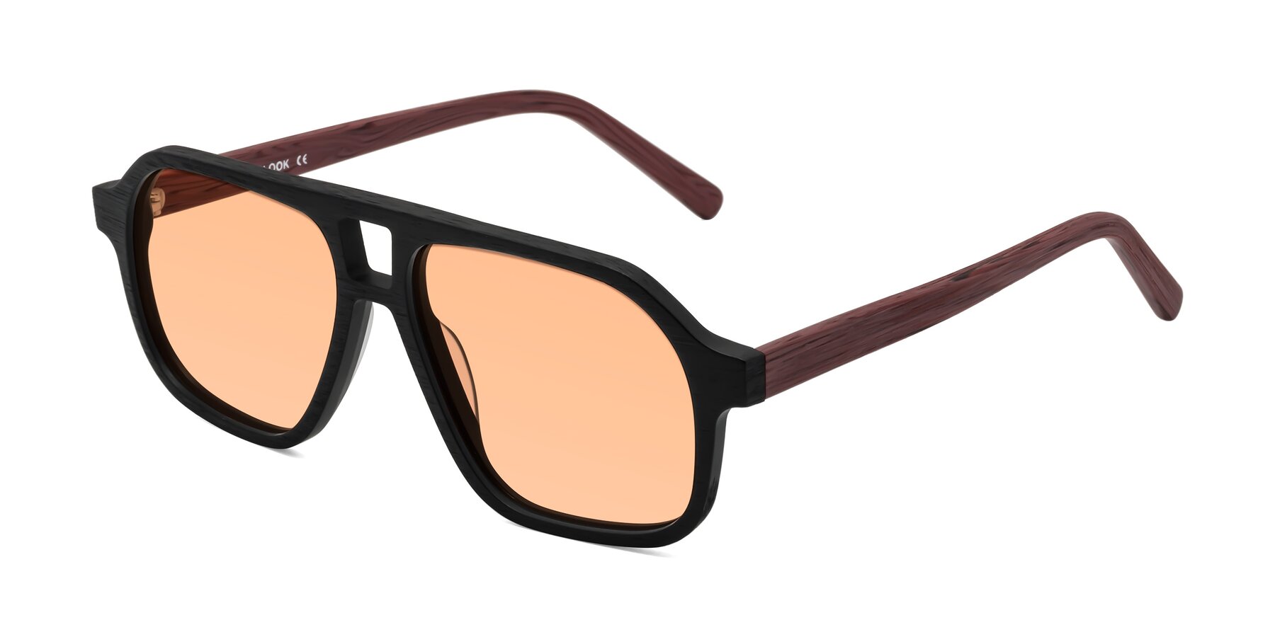 Angle of Edwood in Black-Burgundy Woodgrain with Light Orange Tinted Lenses