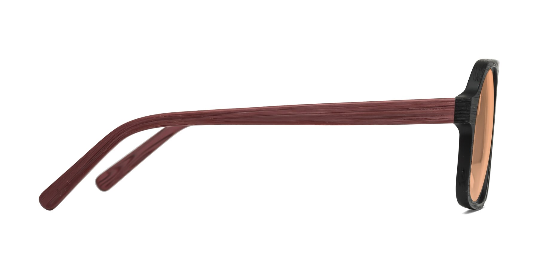 Side of Edwood in Black-Burgundy Woodgrain with Light Orange Tinted Lenses