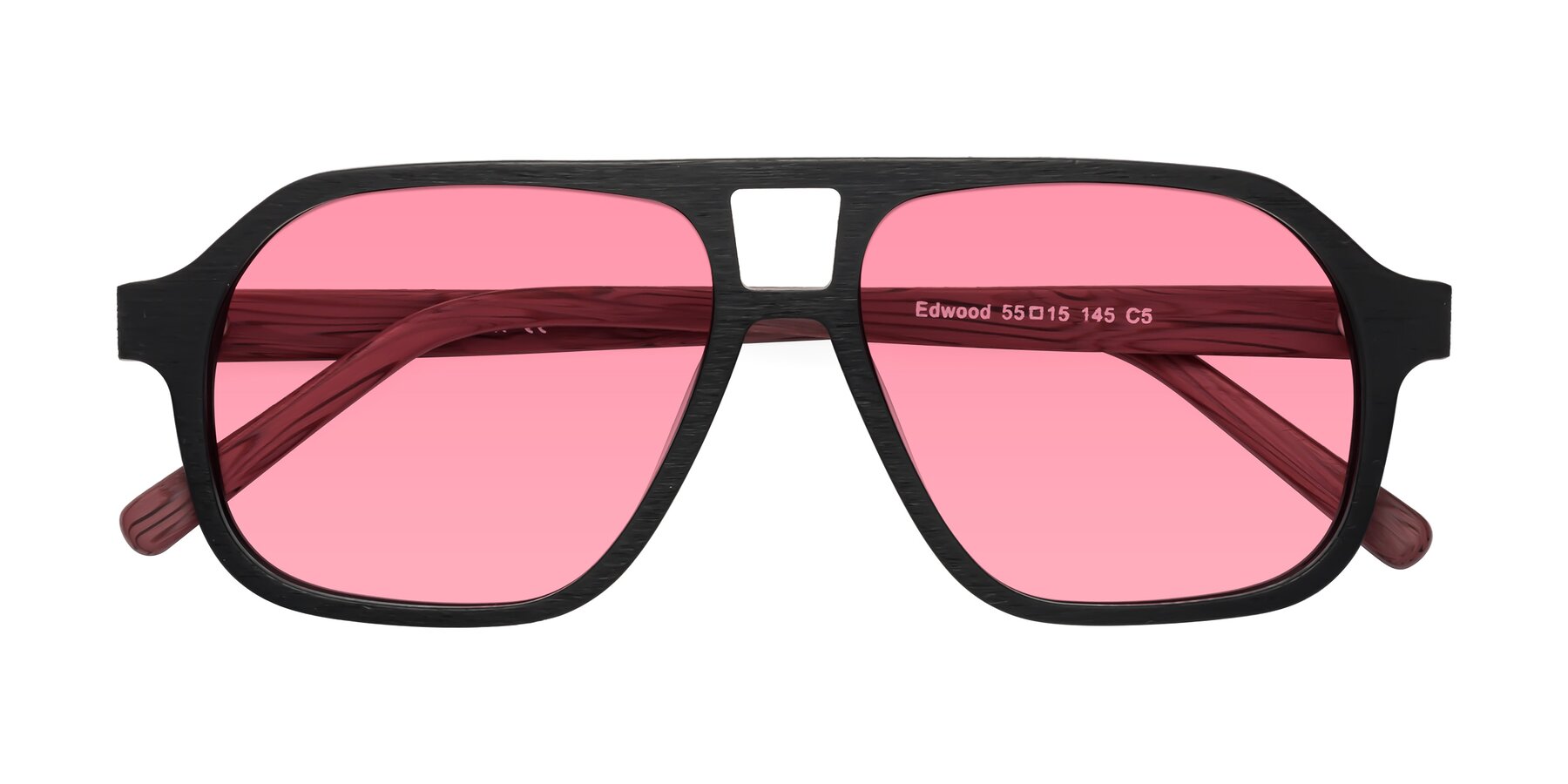 Folded Front of Edwood in Black-Burgundy Woodgrain with Pink Tinted Lenses