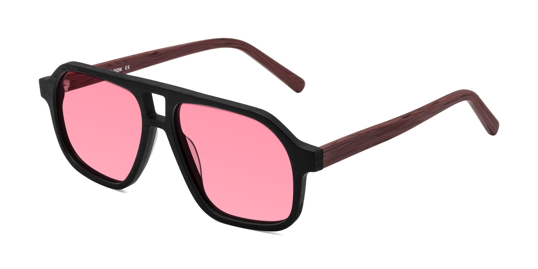 Angle of Edwood in Black-Burgundy Woodgrain with Pink Tinted Lenses