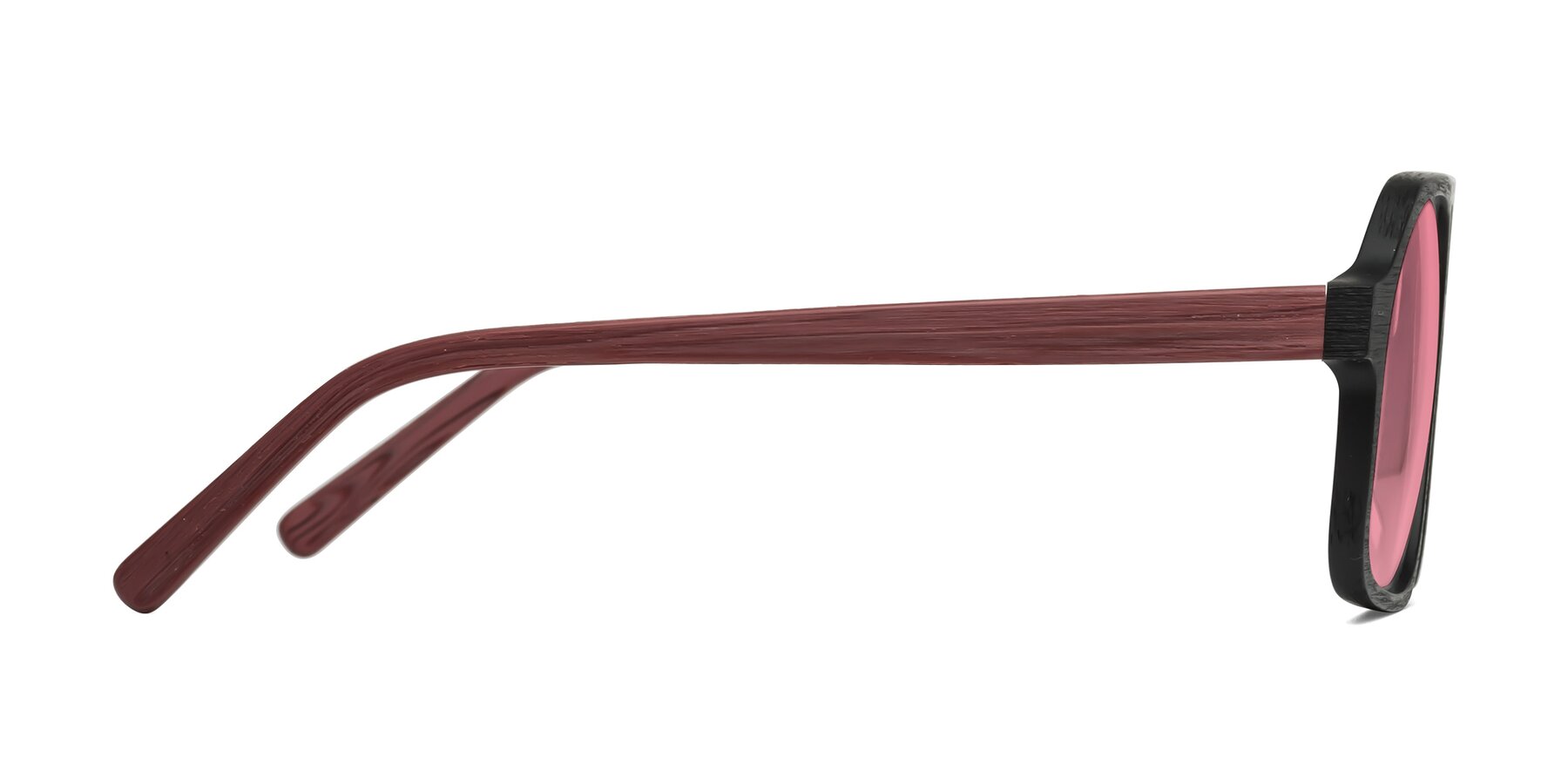 Side of Edwood in Black-Burgundy Woodgrain with Pink Tinted Lenses