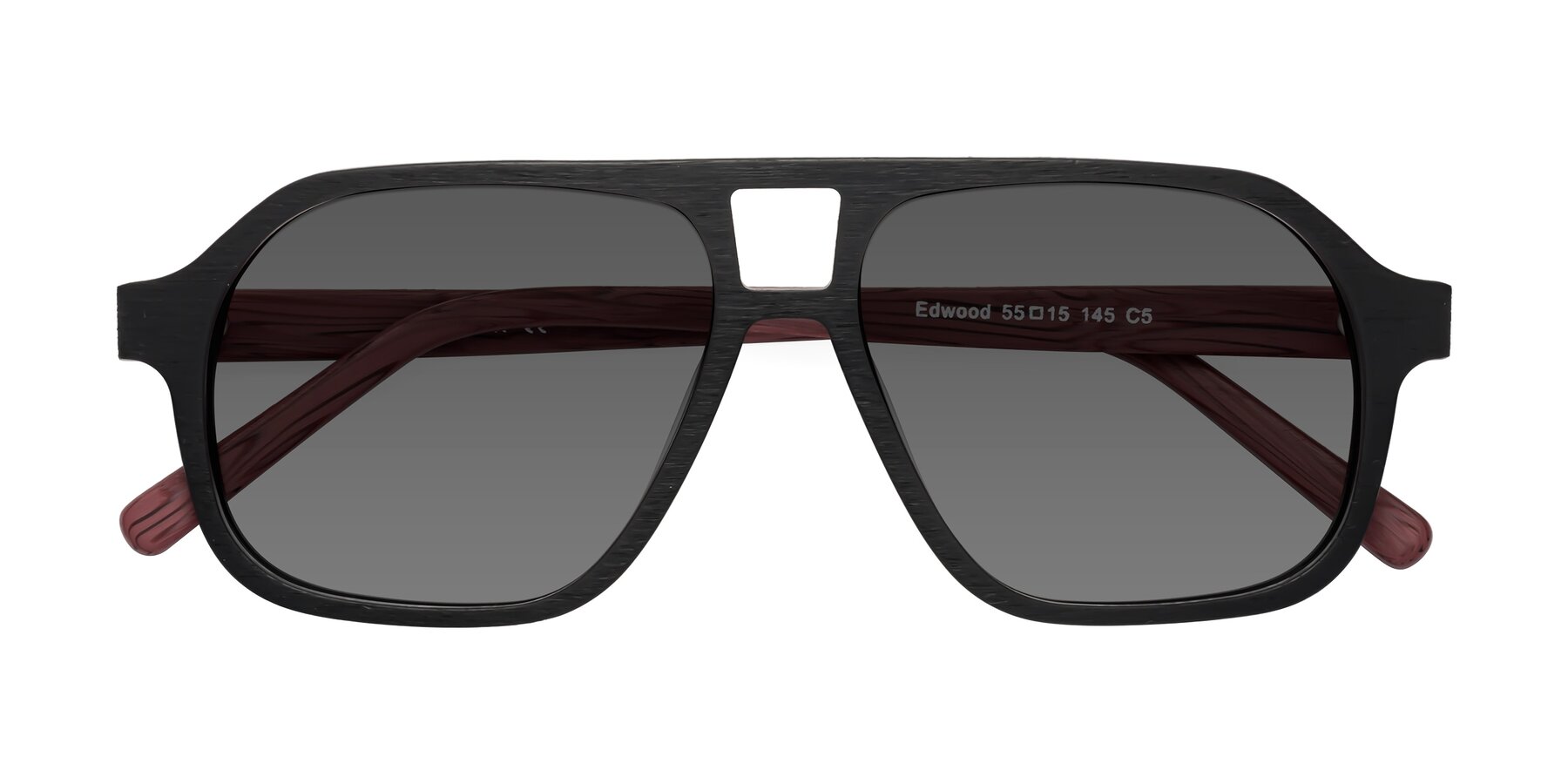 Folded Front of Edwood in Black-Burgundy Woodgrain with Medium Gray Tinted Lenses