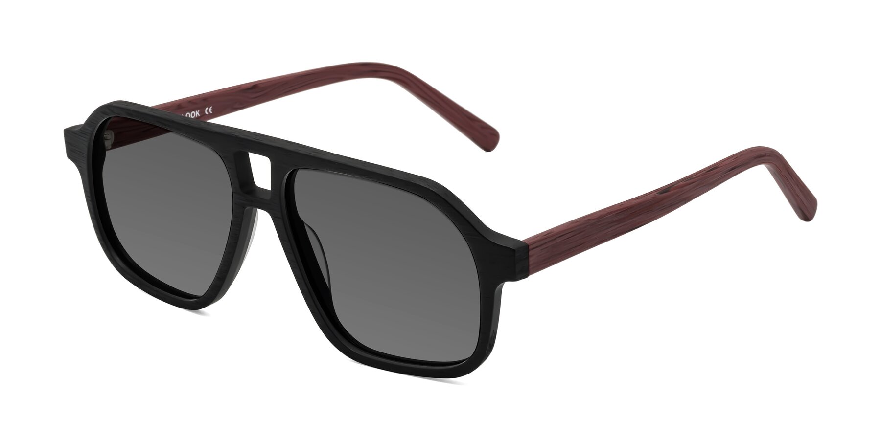 Angle of Edwood in Black-Burgundy Woodgrain with Medium Gray Tinted Lenses