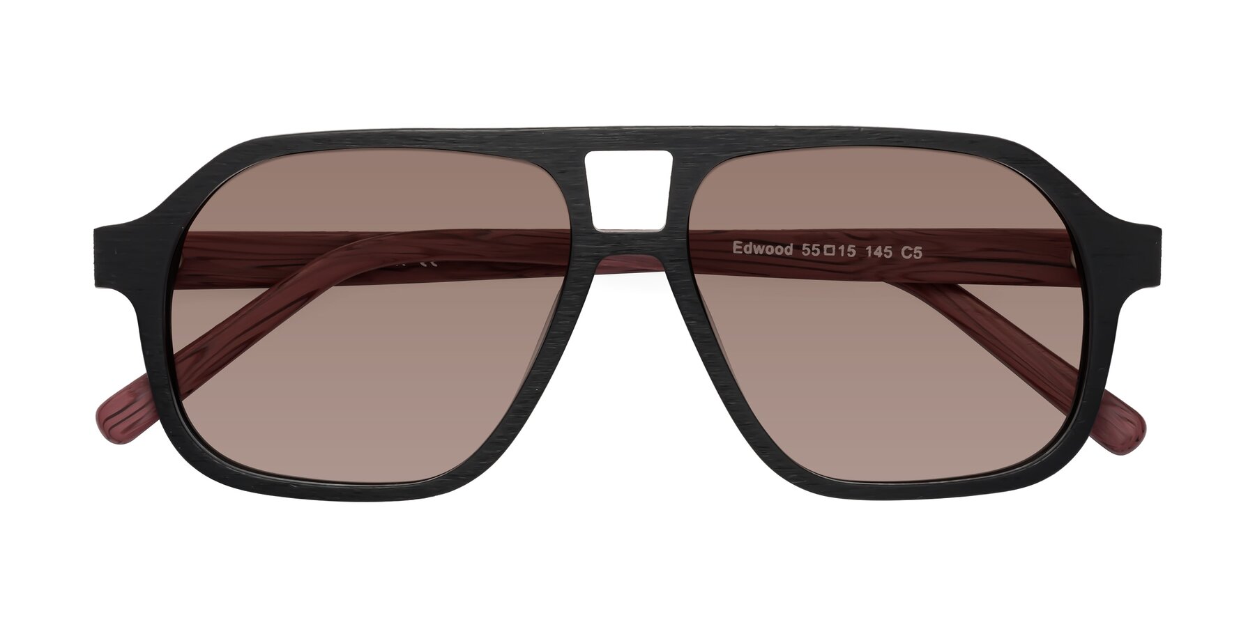 Folded Front of Edwood in Black-Burgundy Woodgrain with Medium Brown Tinted Lenses