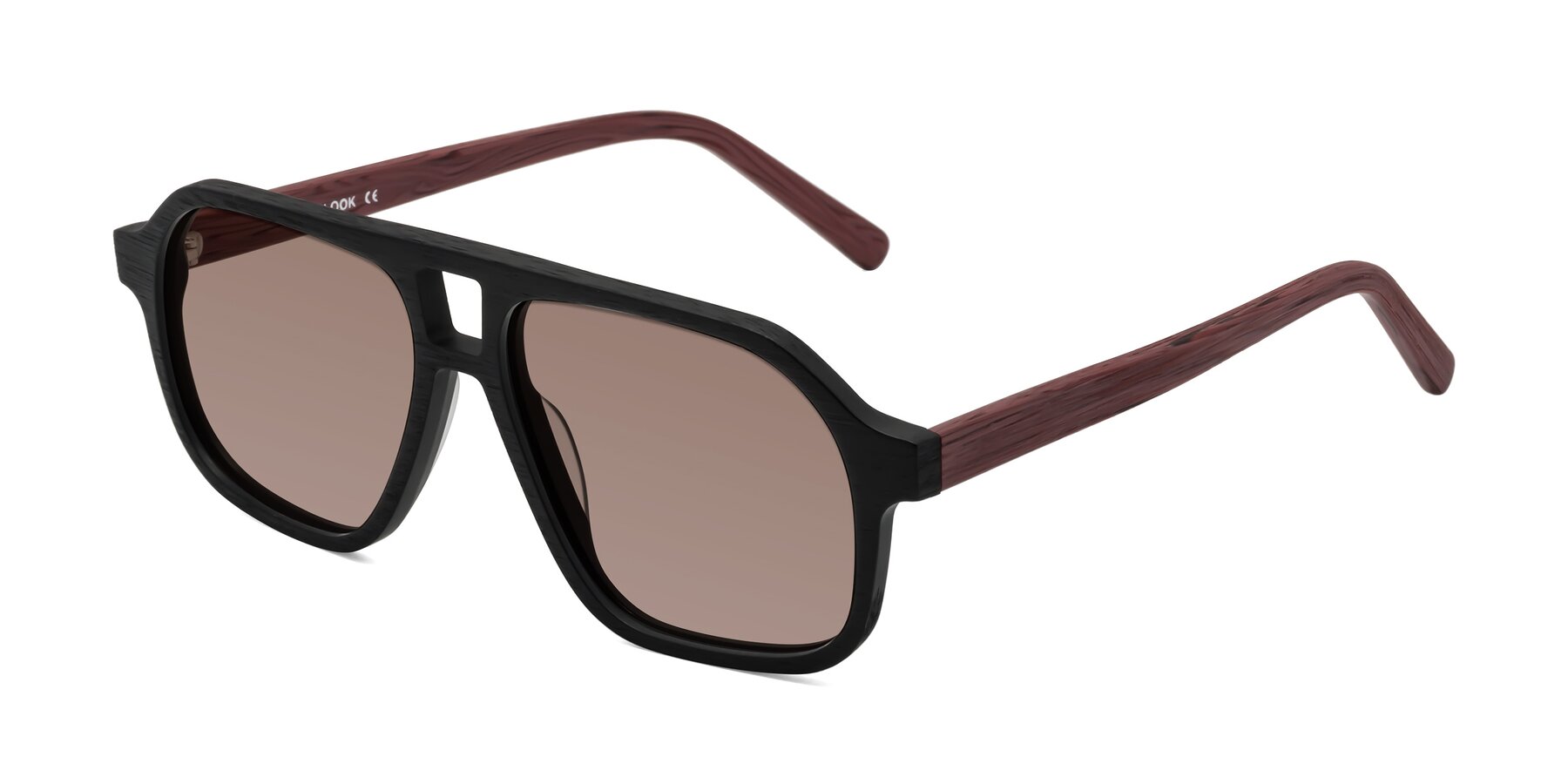 Angle of Edwood in Black-Burgundy Woodgrain with Medium Brown Tinted Lenses