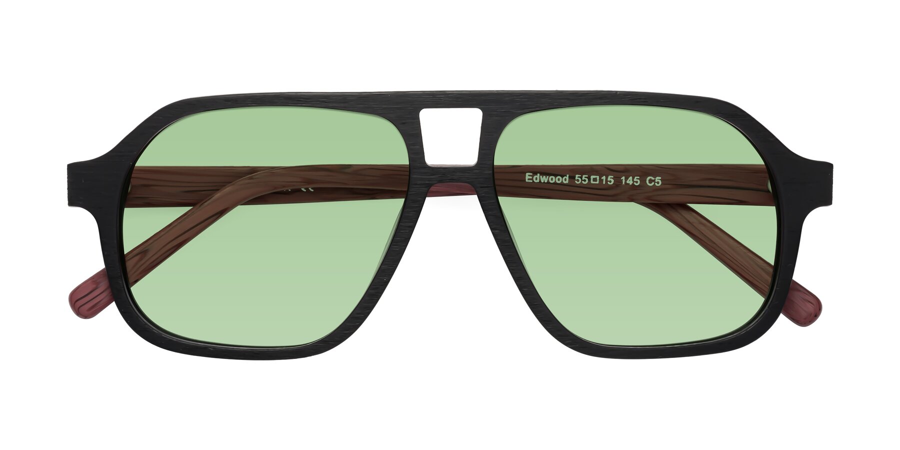 Folded Front of Edwood in Black-Burgundy Woodgrain with Medium Green Tinted Lenses