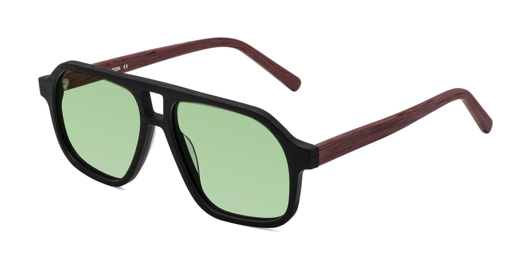 Angle of Edwood in Black-Burgundy Woodgrain with Medium Green Tinted Lenses