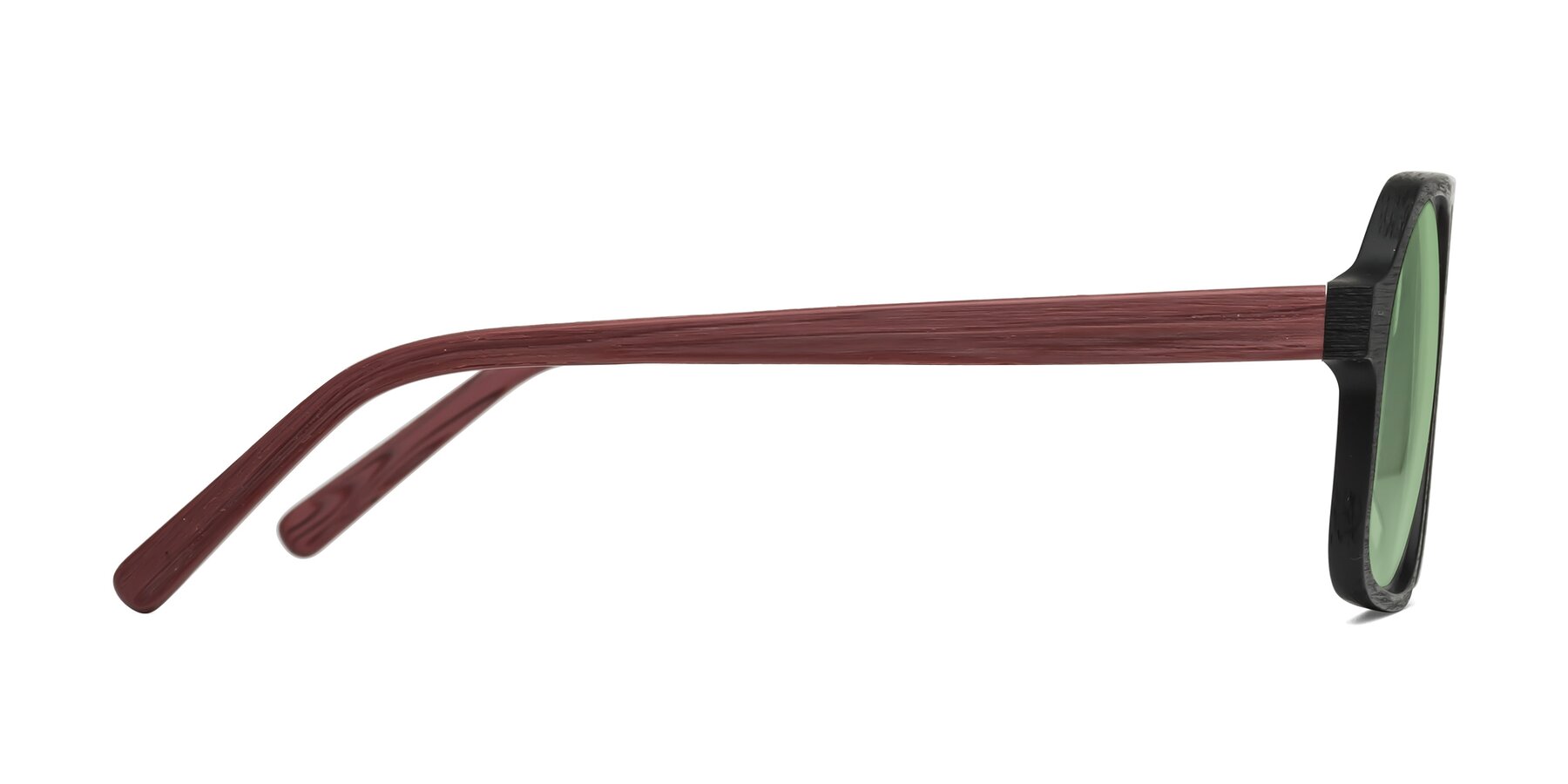 Side of Edwood in Black-Burgundy Woodgrain with Medium Green Tinted Lenses