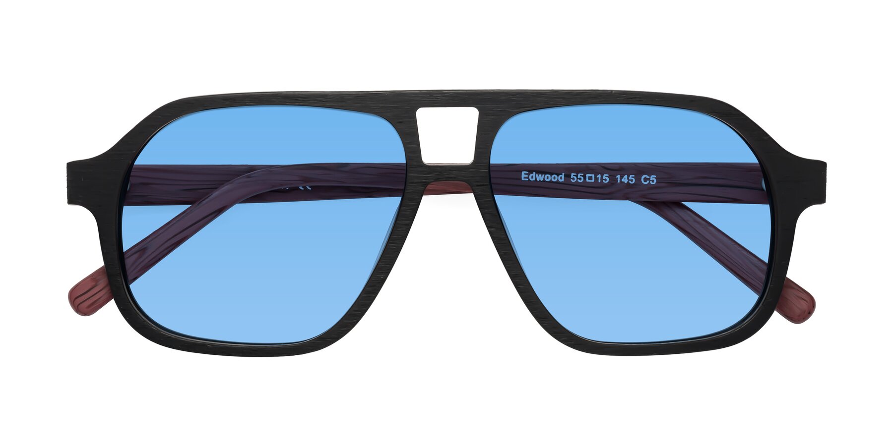 Folded Front of Edwood in Black-Burgundy Woodgrain with Medium Blue Tinted Lenses