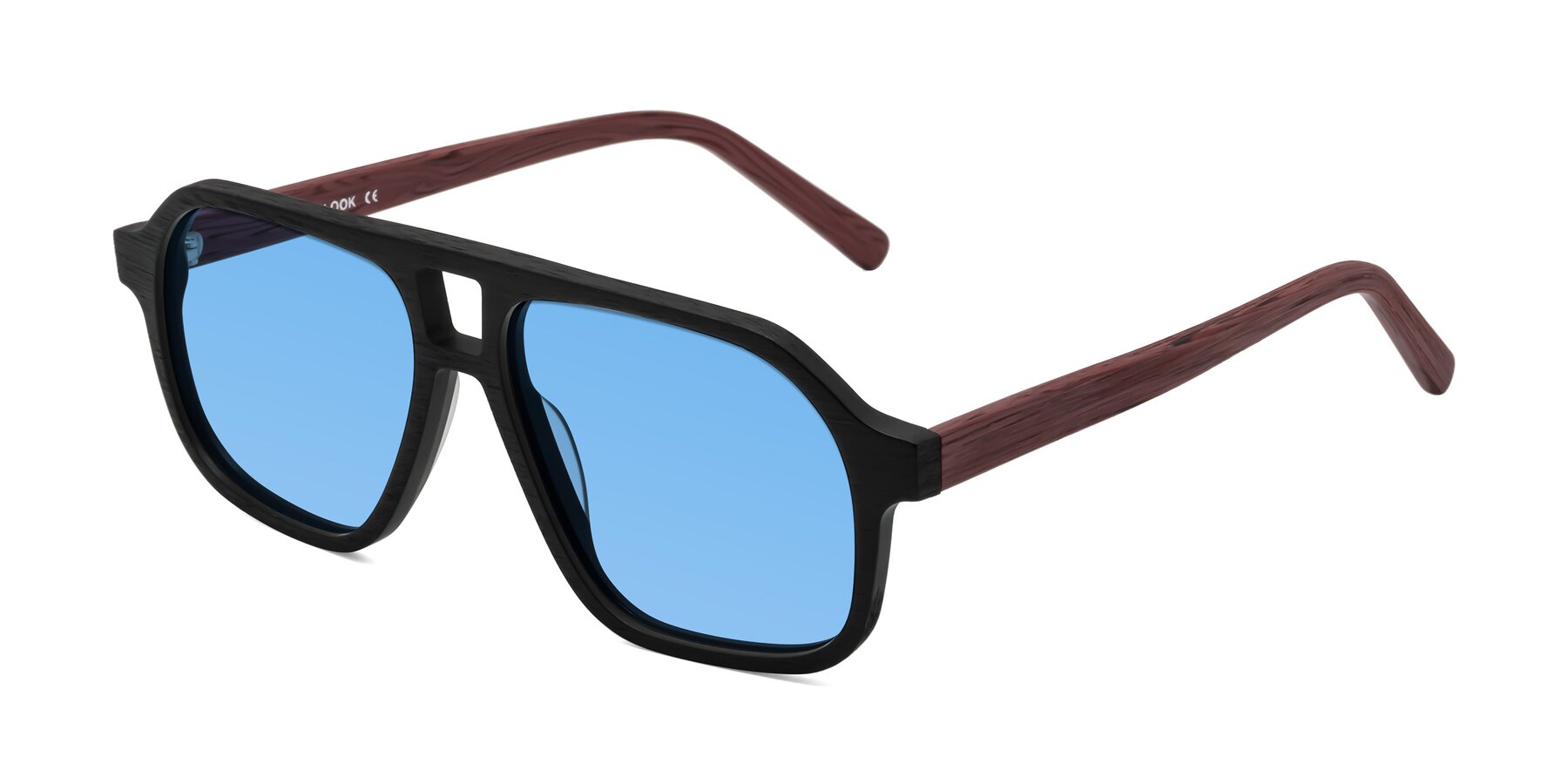 Angle of Edwood in Black-Burgundy Woodgrain with Medium Blue Tinted Lenses