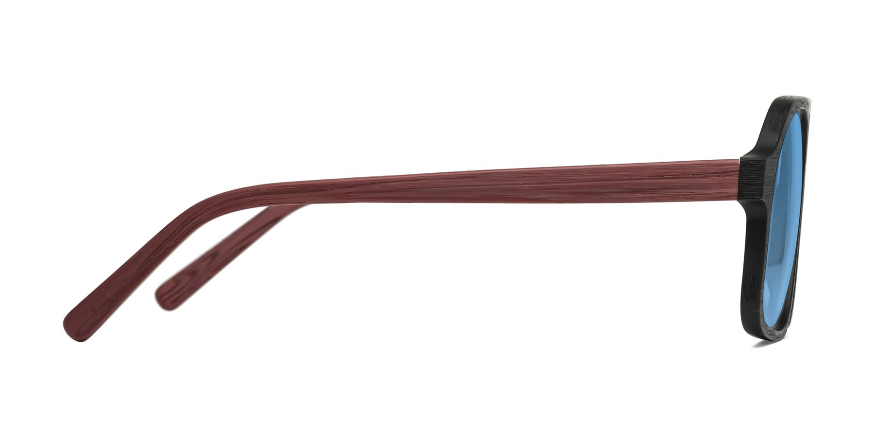 Side of Edwood in Black-Burgundy Woodgrain with Medium Blue Tinted Lenses