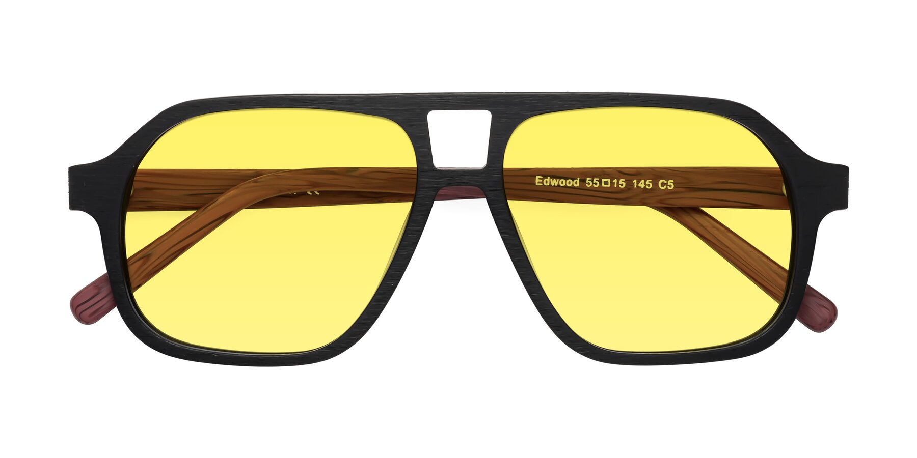 Folded Front of Edwood in Black-Burgundy Woodgrain with Medium Yellow Tinted Lenses