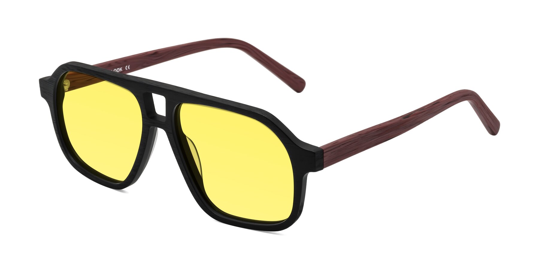 Angle of Edwood in Black-Burgundy Woodgrain with Medium Yellow Tinted Lenses