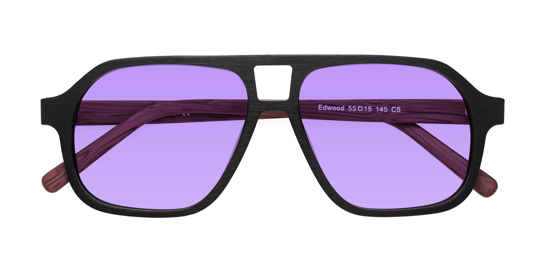 Folded Front of Edwood in Black-Burgundy Woodgrain with Medium Purple Tinted Lenses