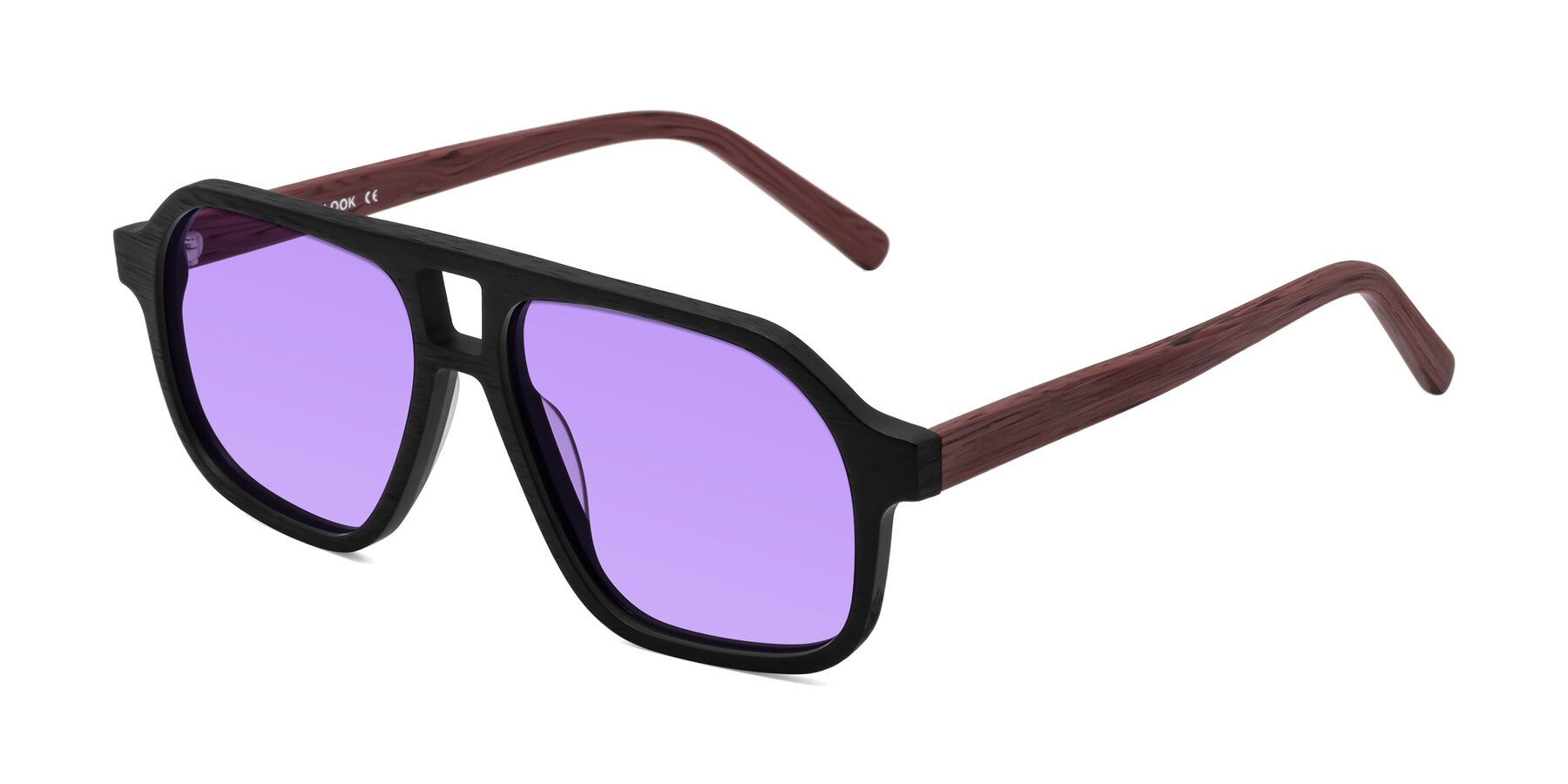 Angle of Edwood in Black-Burgundy Woodgrain with Medium Purple Tinted Lenses