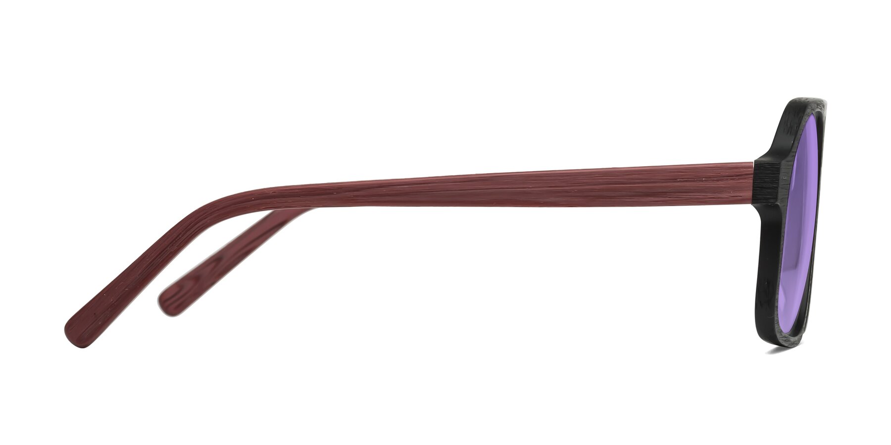 Side of Edwood in Black-Burgundy Woodgrain with Medium Purple Tinted Lenses