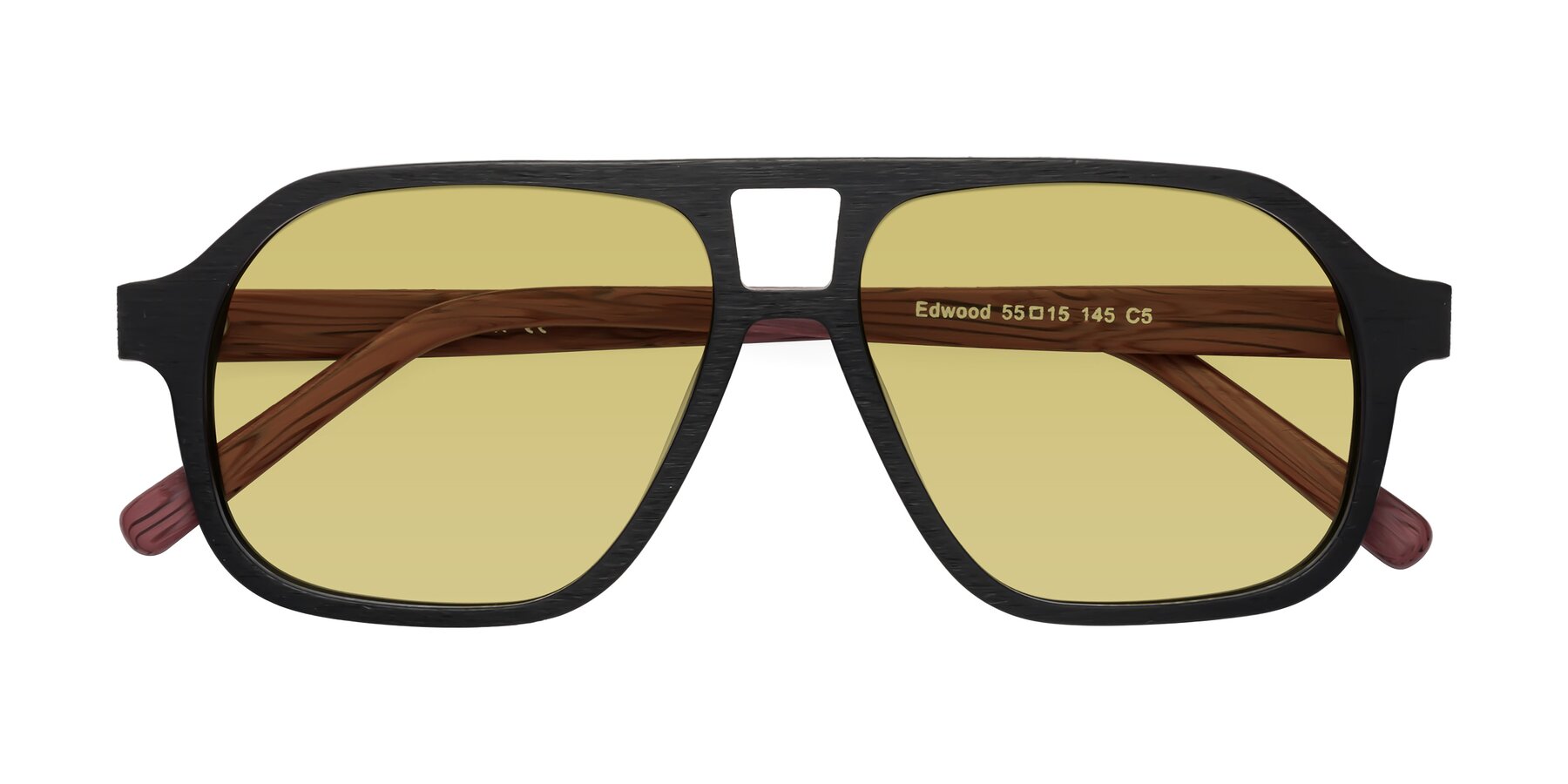 Folded Front of Edwood in Black-Burgundy Woodgrain with Medium Champagne Tinted Lenses