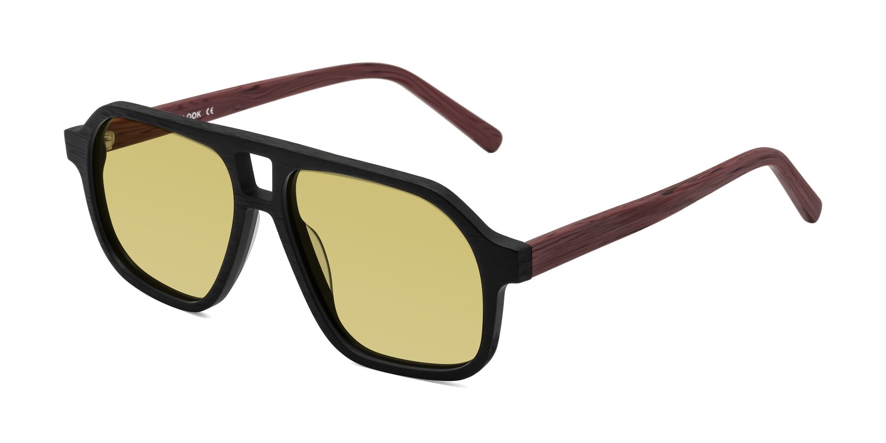 Angle of Edwood in Black-Burgundy Woodgrain with Medium Champagne Tinted Lenses