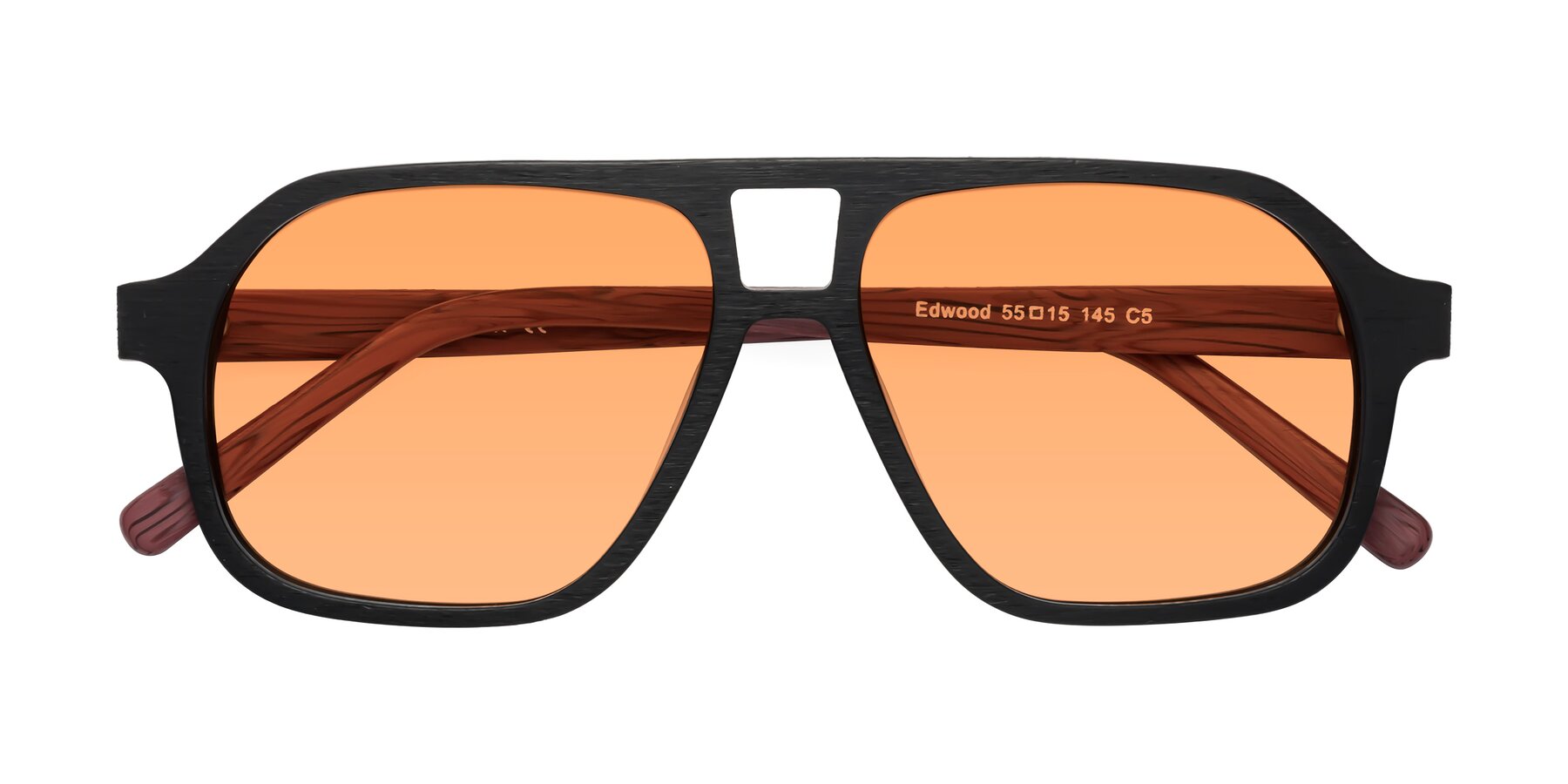 Folded Front of Edwood in Black-Burgundy Woodgrain with Medium Orange Tinted Lenses