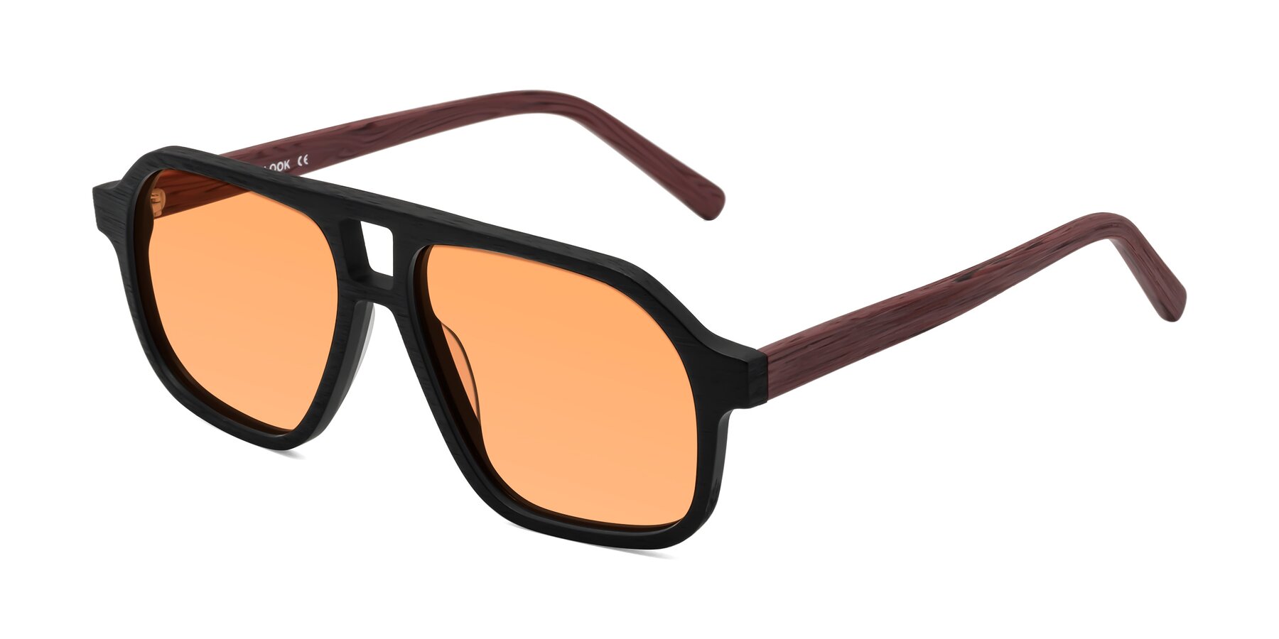 Angle of Edwood in Black-Burgundy Woodgrain with Medium Orange Tinted Lenses