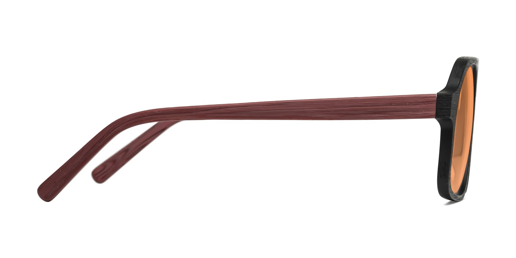 Side of Edwood in Black-Burgundy Woodgrain with Medium Orange Tinted Lenses