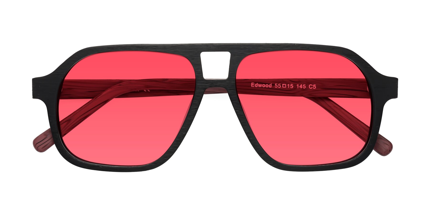 Folded Front of Edwood in Black-Burgundy Woodgrain with Red Tinted Lenses