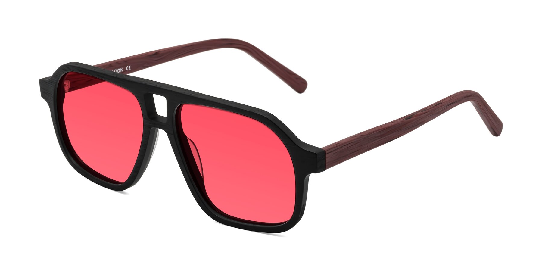 Angle of Edwood in Black-Burgundy Woodgrain with Red Tinted Lenses