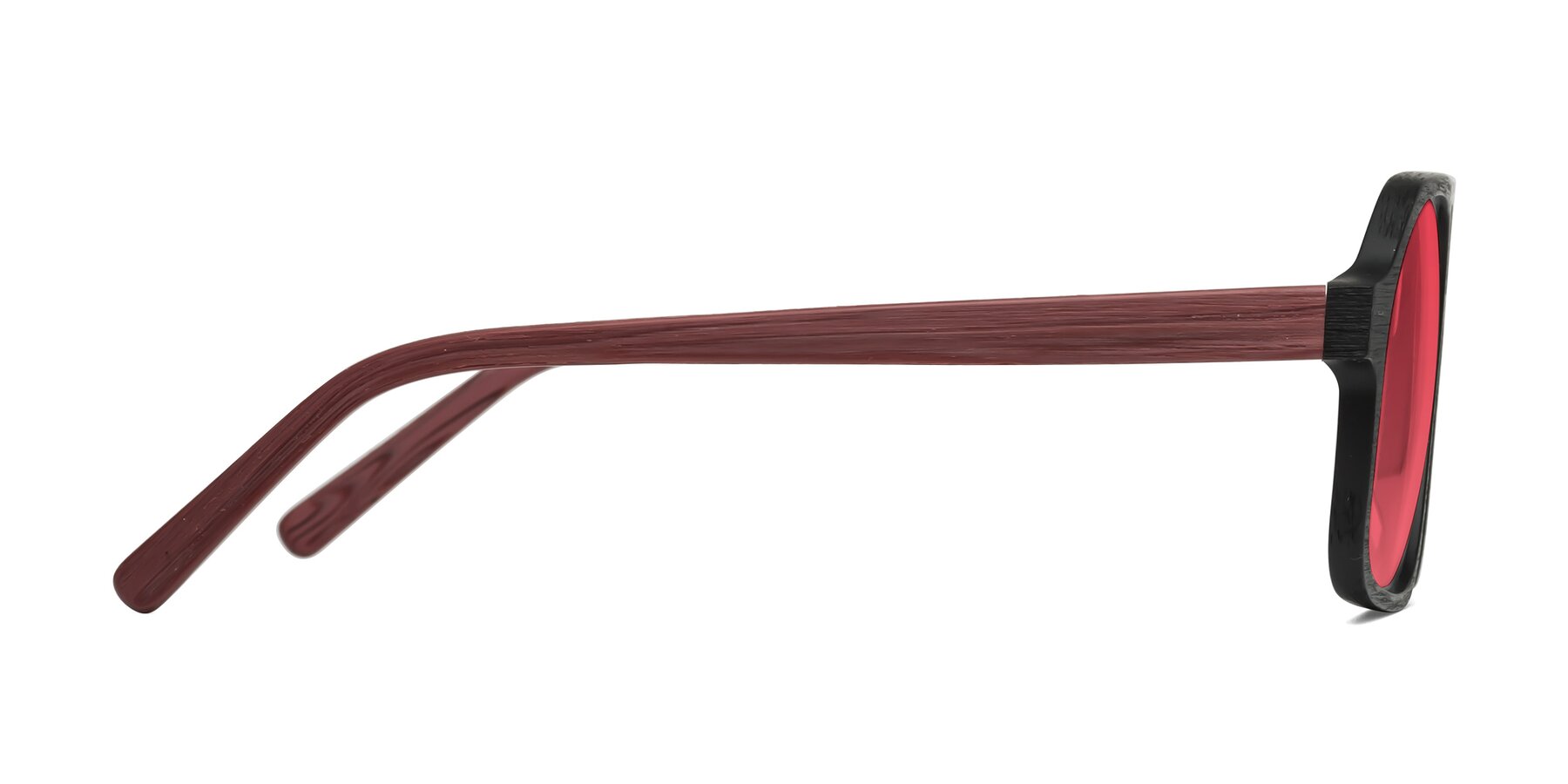 Side of Edwood in Black-Burgundy Woodgrain with Red Tinted Lenses