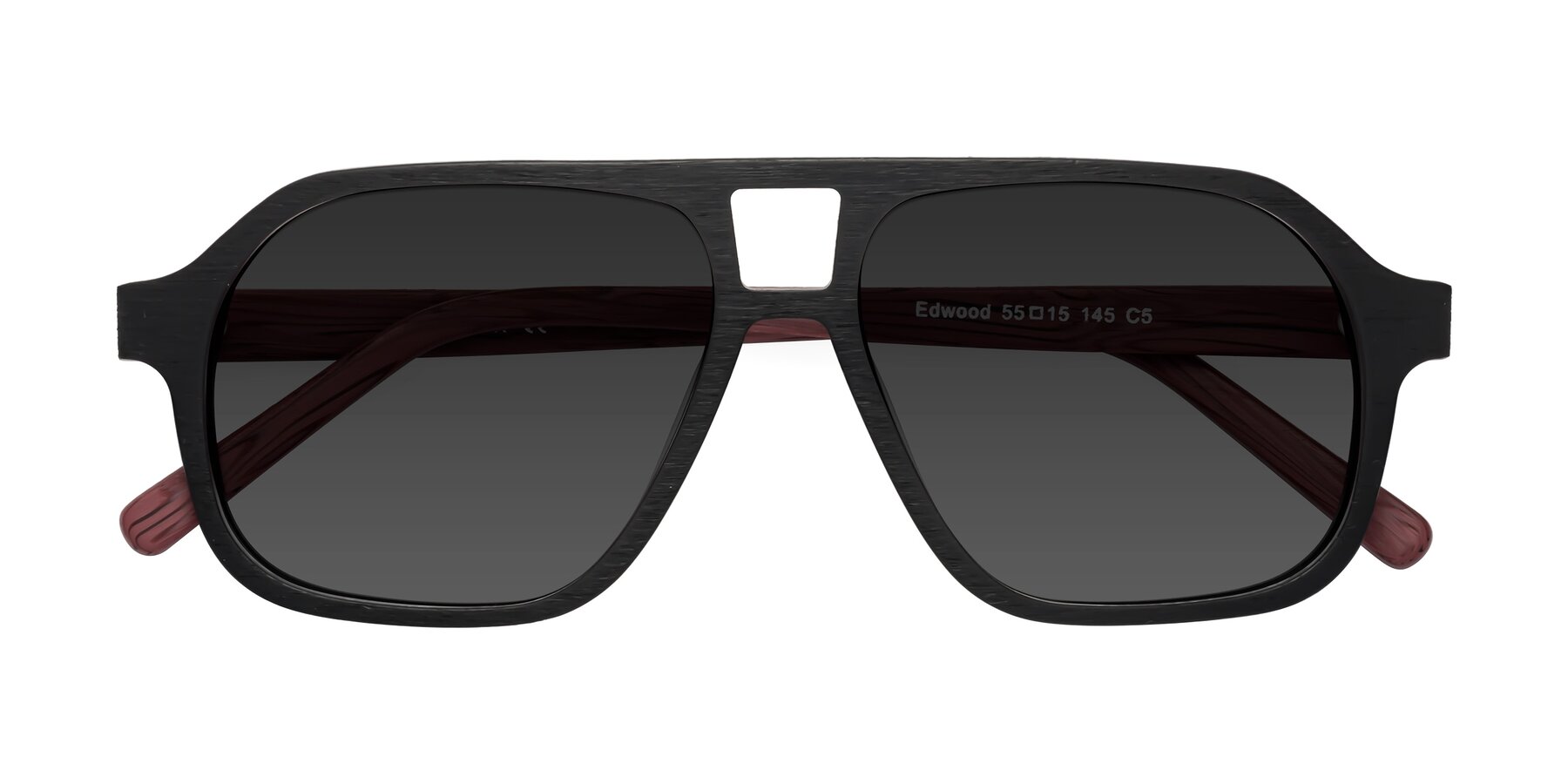 Folded Front of Edwood in Black-Burgundy Woodgrain with Gray Tinted Lenses