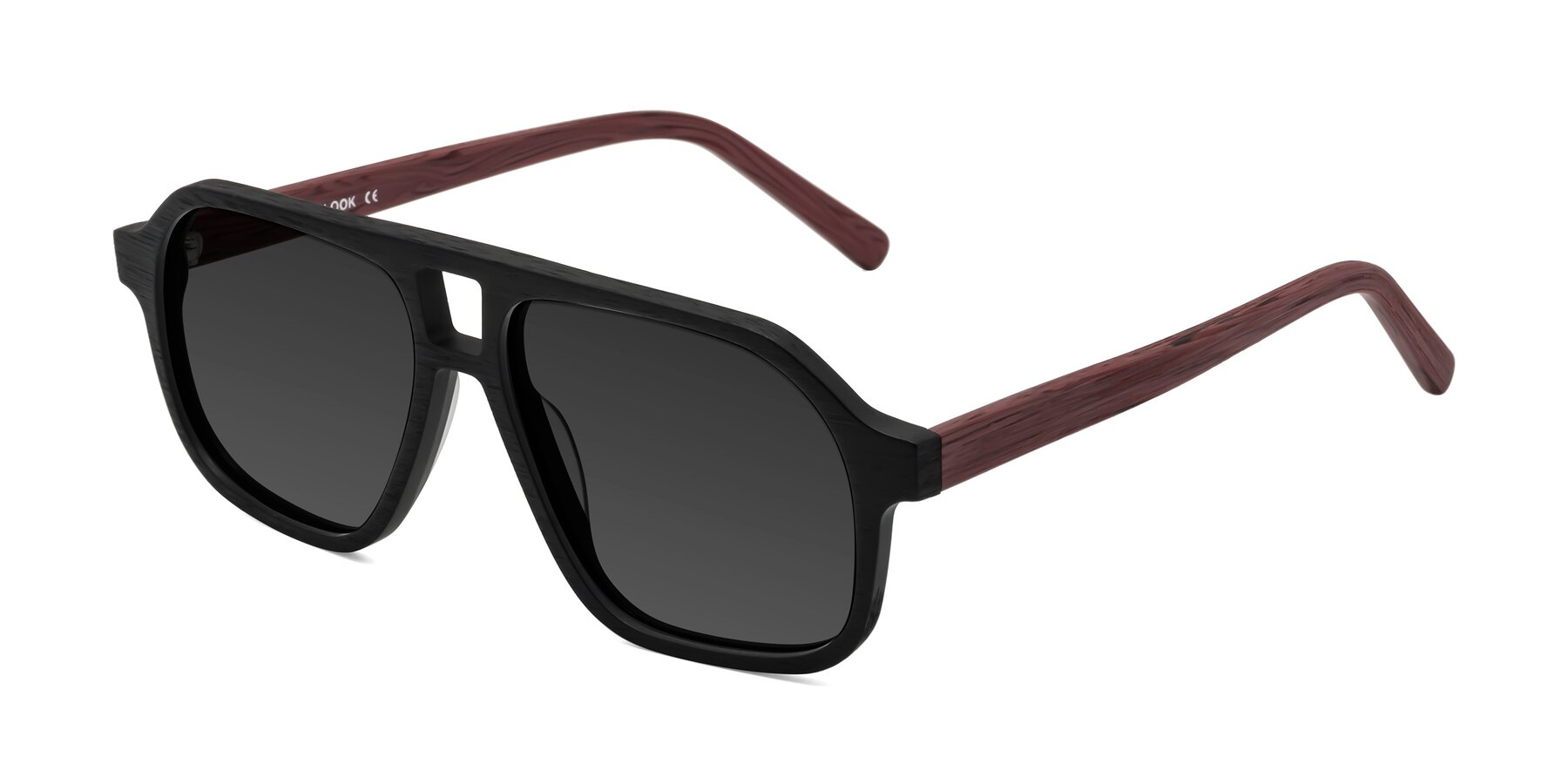 Angle of Edwood in Black-Burgundy Woodgrain with Gray Tinted Lenses