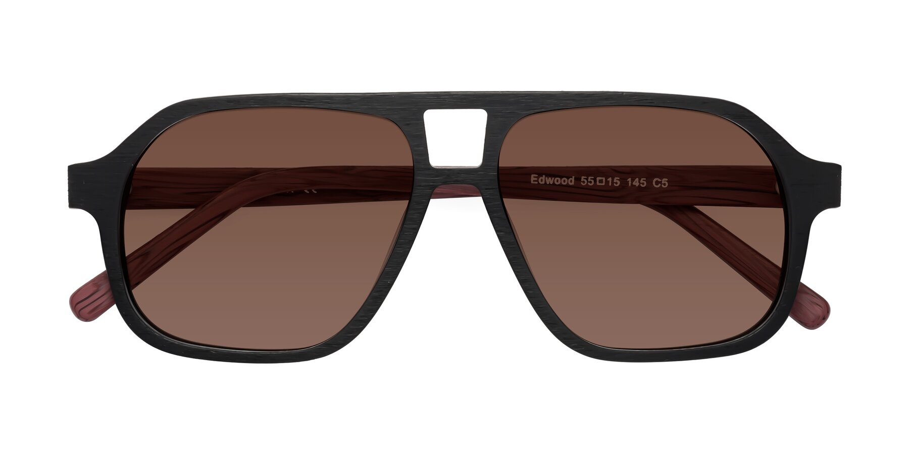 Folded Front of Edwood in Black-Burgundy Woodgrain with Brown Tinted Lenses