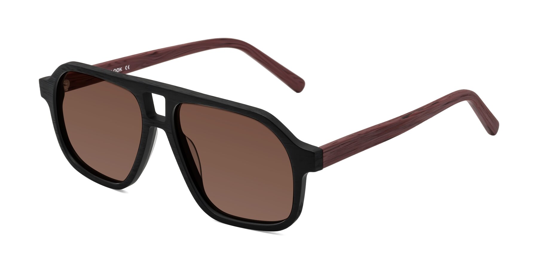 Angle of Edwood in Black-Burgundy Woodgrain with Brown Tinted Lenses