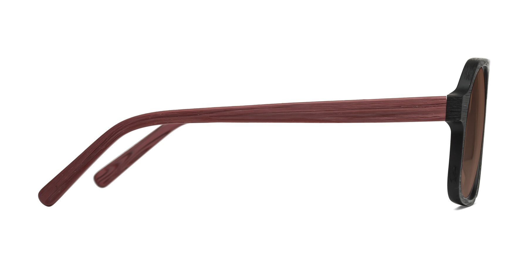 Side of Edwood in Black-Burgundy Woodgrain with Brown Tinted Lenses