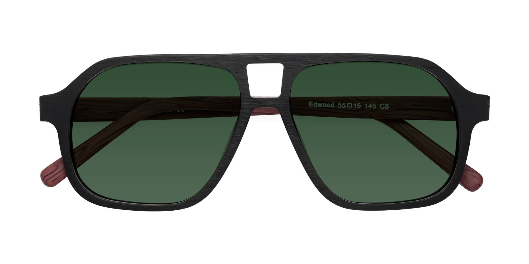 Folded Front of Edwood in Black-Burgundy Woodgrain with Green Tinted Lenses